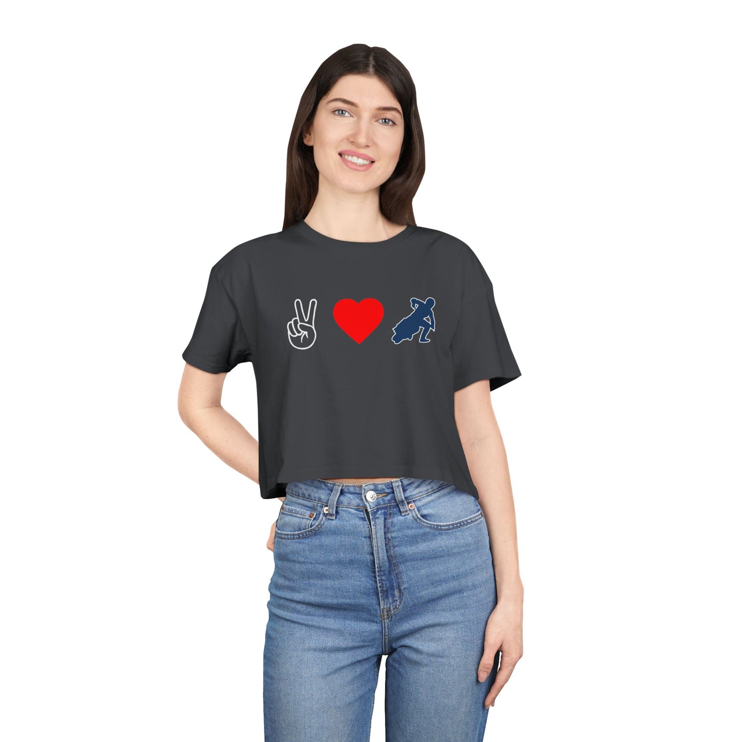 Women's Peace Love & Flat Track Crop Tee (Various Colors)