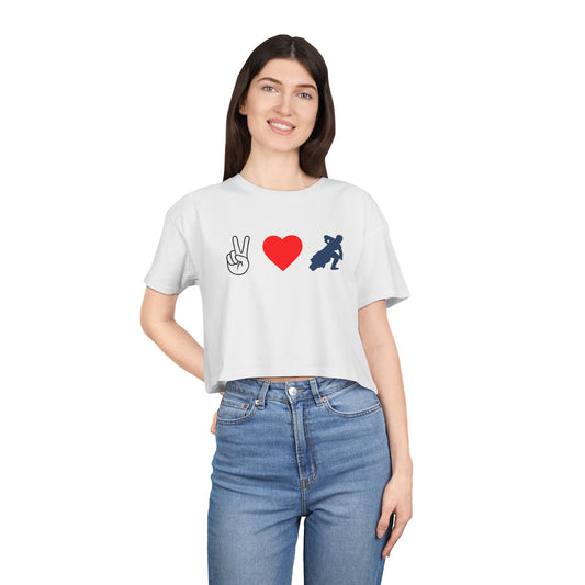 Women's Peace Love & Flat Track Crop Tee (Various Colors)