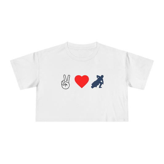 Women's Peace Love & Flat Track Crop Tee (Various Colors)