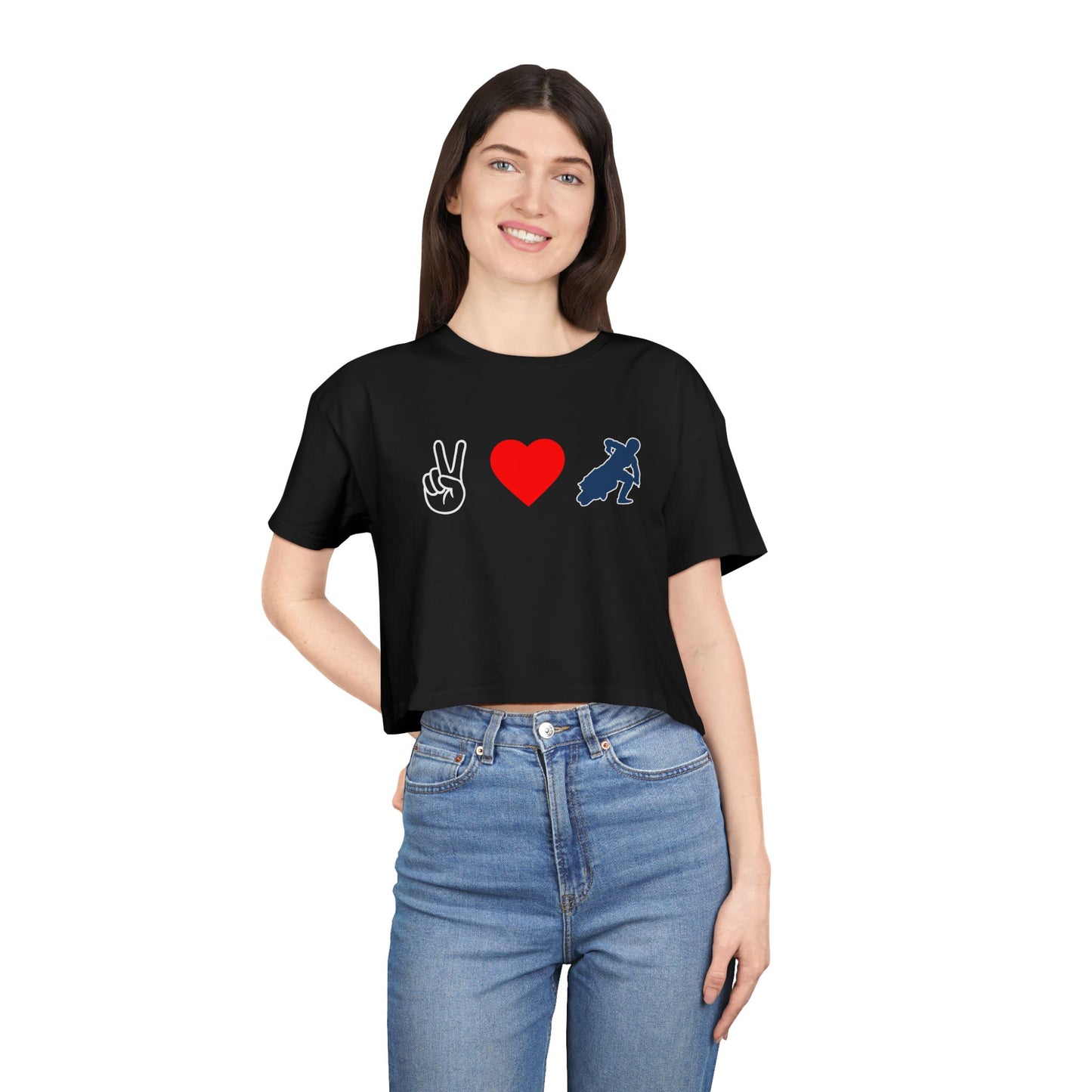 Women's Peace Love & Flat Track Crop Tee (Various Colors)